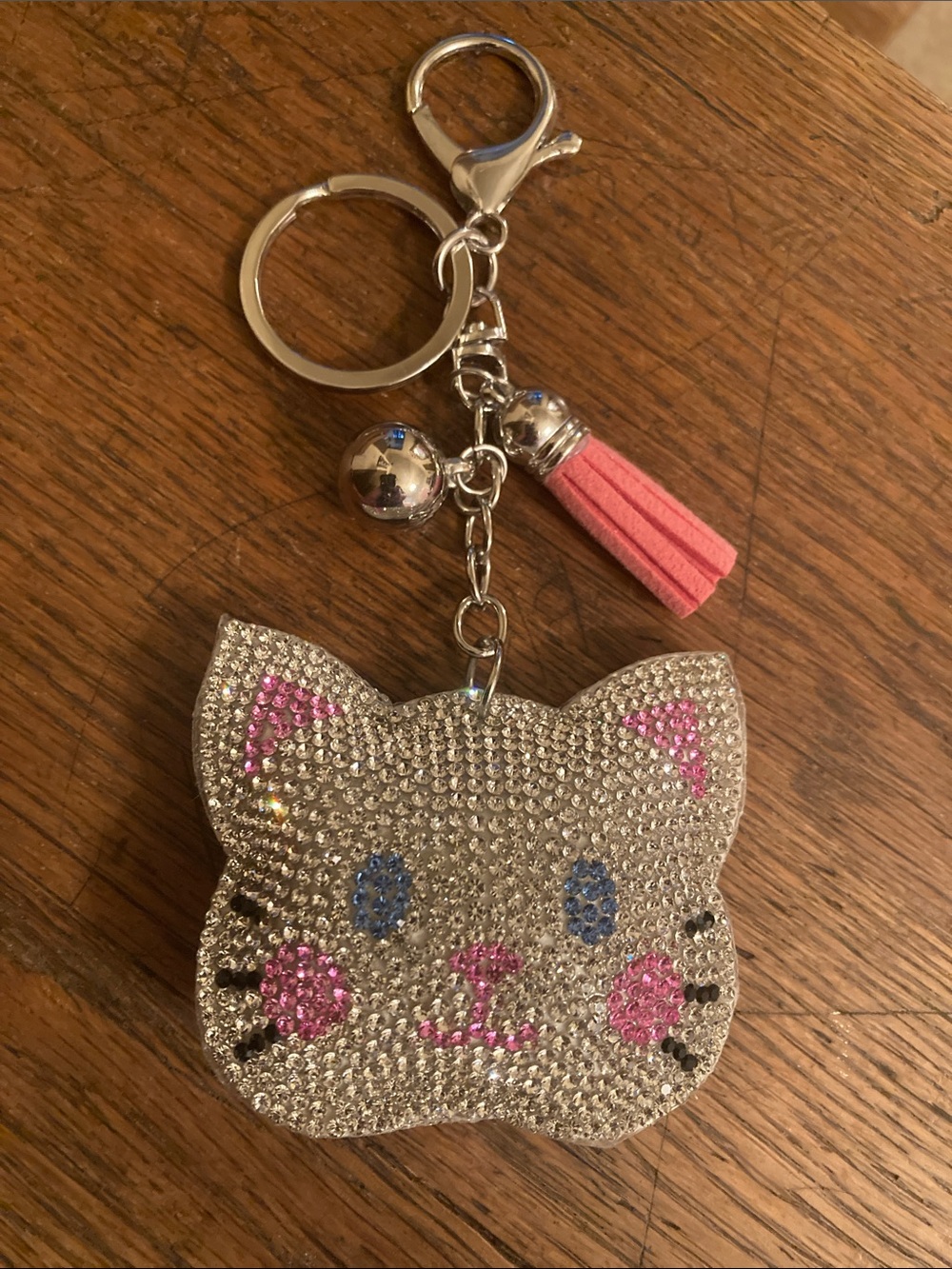 Kitty Head Purse Charm/Keychain Rhinestone Silver Tone NWOT